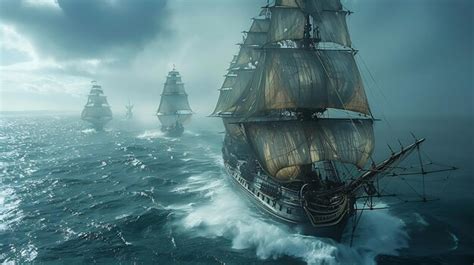 Ships sail billowing together unison moving vessel forward ...