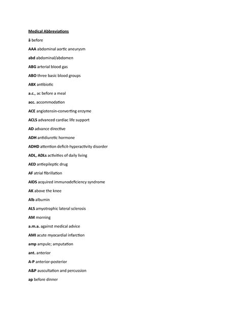 List of Medical Abbreviations - Medical Abbreviations ā before AAA abdominal aortic aneurysm abd ...