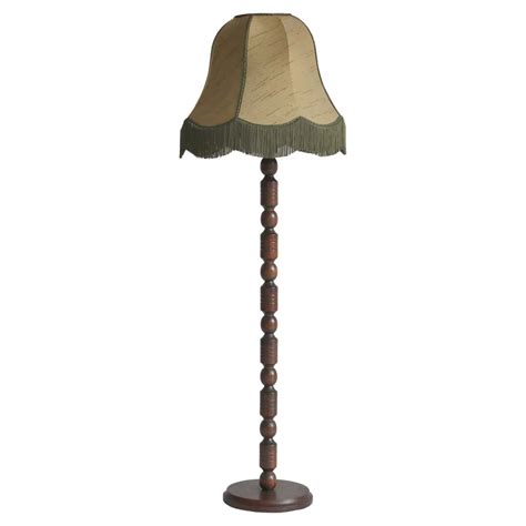 Floor Lamp in Dark Stained Pine w/ Green Silk Fringed Shade Denmark ...