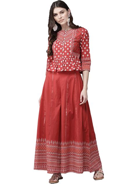 Juniper Red Cambric Printed Peplum Crop-Top with Palazzo : Amazon.in ...