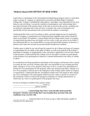 Fillable Online community brcc Medical release/ASSUMPTION OF RISK FORM ...