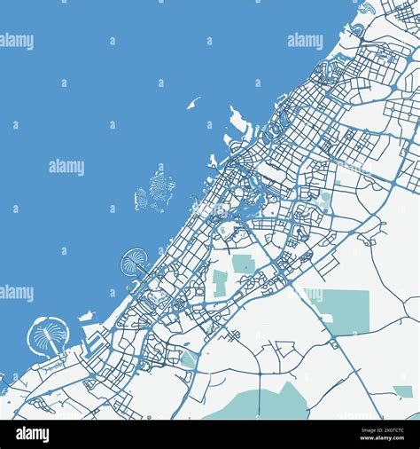 Map of Dubai in United Arab Emirates in blue. Contains layered vector with roads water, parks ...
