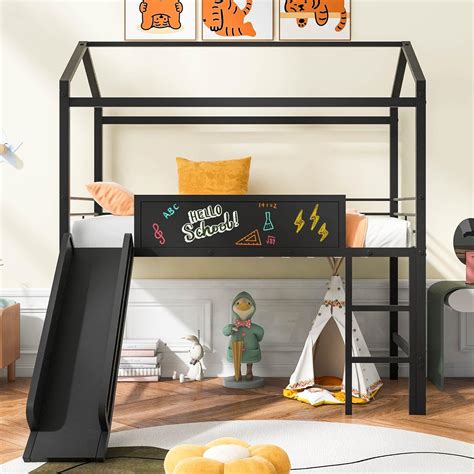 Harper&BrightDesigns Twin House Loft Bed with Slide and Chalkboard, Low ...