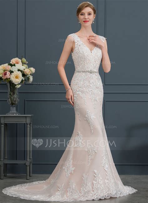 Trumpet/Mermaid V-neck Court Train Tulle Wedding Dress (265202669) - Wedding Dresses - JJ's House