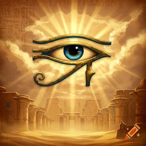 The Eye of Ra symbol glows brightly in a desert landscape with ancient Egyptian ruins under a ...