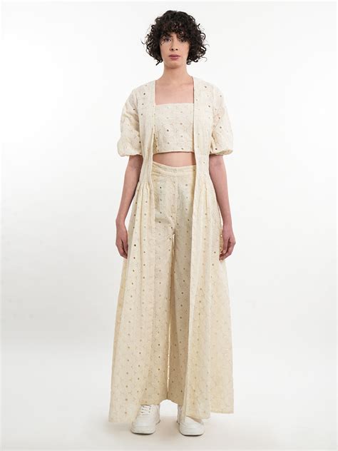 Beige Eyelet Crop Top, Trouser & Shrug Co-Ord Set – Samshek