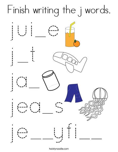 Finish writing the j words Coloring Page - Twisty Noodle