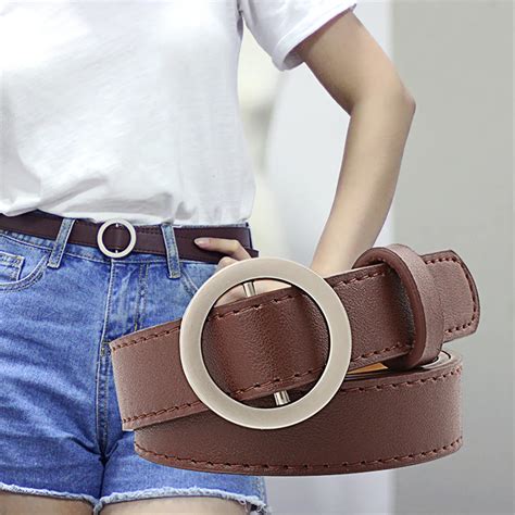 10 Colors Fashion Belts For Women Metal Round Buckle Faux Leather Belt ...