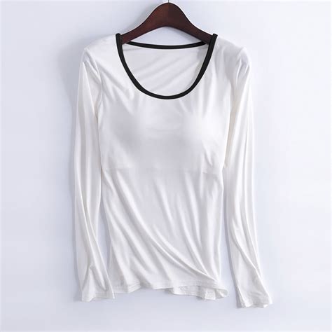 Cavosen Long Sleeve Undershirts for Women with Built in Bra Modal Solid ...