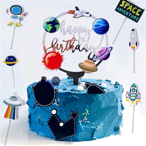 Happy Birthday Outer Space Cake Topper, Silver Mirror Acrylic Cake ...