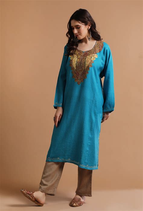 Curious Blue Kashmiri Sozni Embroidery Phiran-Free Size – TJORI