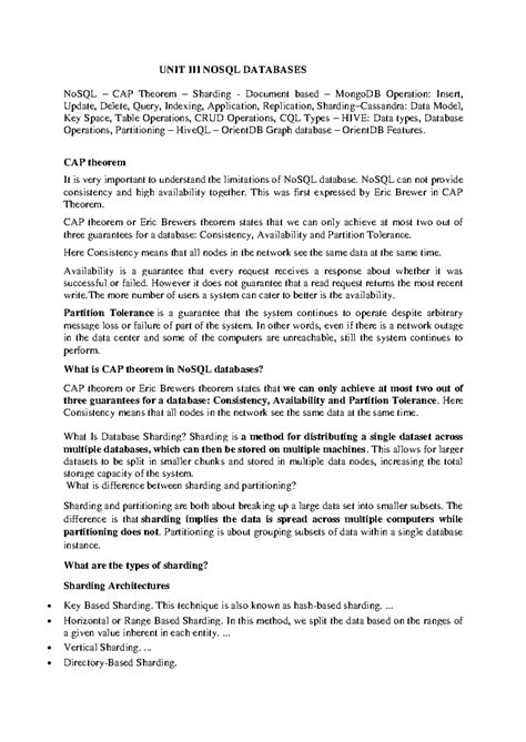 UNIT-III - Easy to learn - UNIT III NOSQL DATABASES NoSQL – CAP Theorem ...