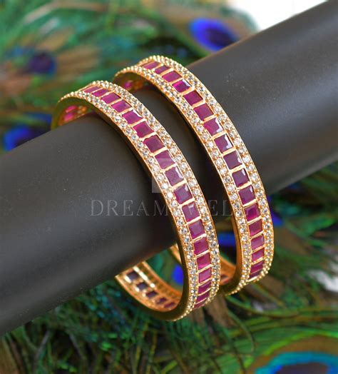 Gold tone cz ruby square stone bangles – dreamjwell