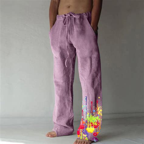 Elvqul Mens Cotton Linen Pants Purple Print Wide Leg Long Pants ...