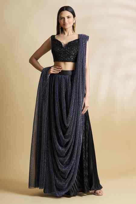 Buy Black Satin Pre-draped Skirt Saree With Blouse For Girls by Neha ...