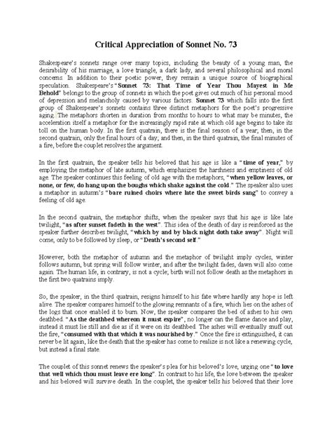 Critical Appreciation of Sonnet No. 73 - 73 Shakespeare’s sonnets range ...