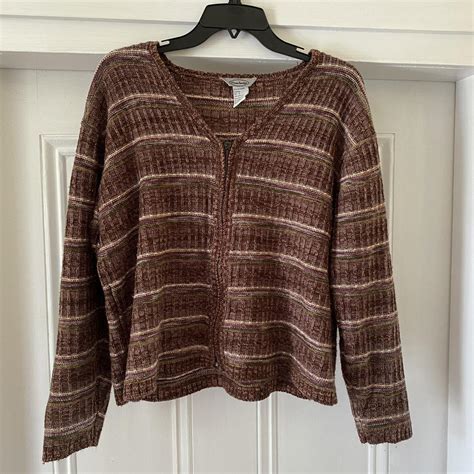 the cutest brown striped knit zip up sweater!! the... - Depop