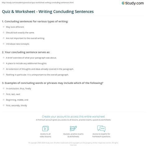 Quiz & Worksheet - Writing Concluding Sentences | Study.com