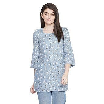 Buy EVALONA Light Blue Printed Round Neck Bell Sleeve Rayon Short Kurti ...