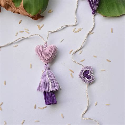 Buy Handmade Crochet Purple Heart Bhaiya Bhabhi Rakhi With Roli Chawal ...