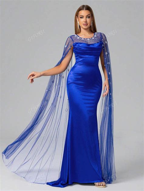 GIFORU Vestido Azul de Festa Cintilante com Cauda Extra Longa para ...