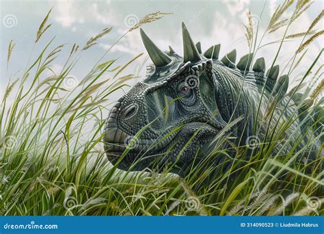 A Dinosaur with Horns on Its Head is Looking at the Camera Stock Image ...
