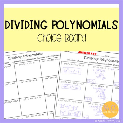 Dividing Polynomials Worksheet Choice Board for Algebra 1 - Maila ...