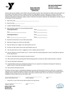 Fillable Online Camp 2013 Inclusion Form - Rancho Family YMCA Fax Email ...