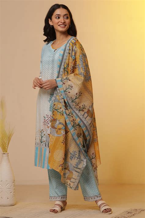 Buy Blue Printed Straight Kurta, Pants and Dupatta Set Online for Woman ...