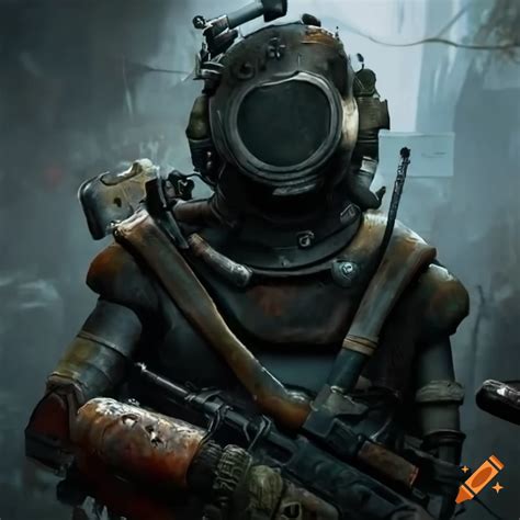 Highly detailed close-up of post-apocalyptic bounty hunter in ruined ...