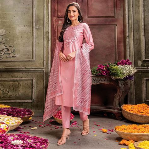 Peach Handwork Embroidered Viscose Salwar Suit