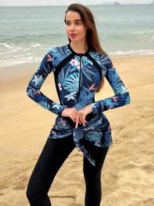 Women's Tropical Plant Print Rash Guard Swimsuit With Long Sleeves ...
