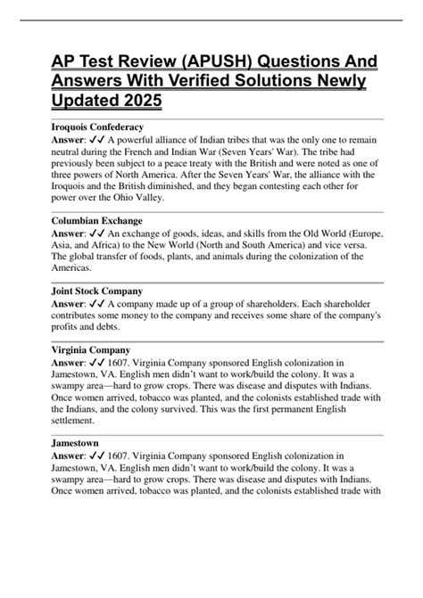 AP Test Review (APUSH) Questions And Answers With Verified Solutions ...