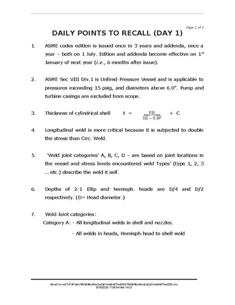 API 510 PTR 1 - Daily Points to Recall (Day 1) on ASME Codes - Studocu