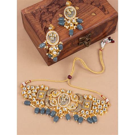 Gold Toned Kundan and Gray Enamel Jewelry Set – Trendisia