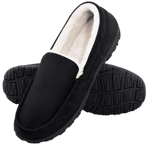 NHU Men's Moccasin Slippers, Black, Suede Soles, Indoor Outdoor, Memory ...