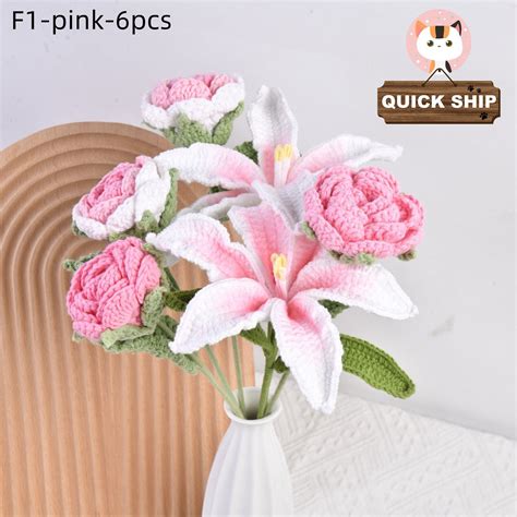 6PCS Crochet Lily&rose Bouquet, Wedding Bouquet, Handmade Knit Flowers ...