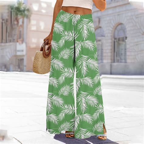 Aobny Women Pants Green Tropical Baggy Gaucho Pants Full Culottes High ...