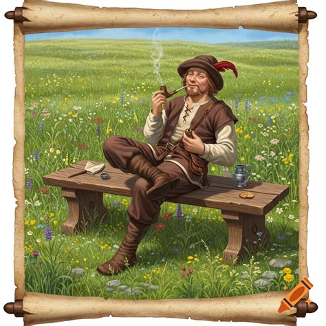 Medieval man smoking blunt on bench, period art style on Craiyon