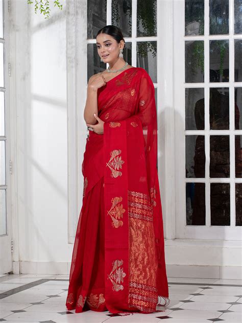 Women's Red Pure Muslin Intricate Bird Design Border Handwoven Saree ...