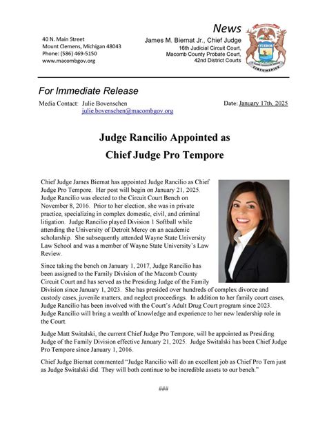Judge Rancilio Appointed as Chief Judge Pro Tempore. | 16th Judicial ...