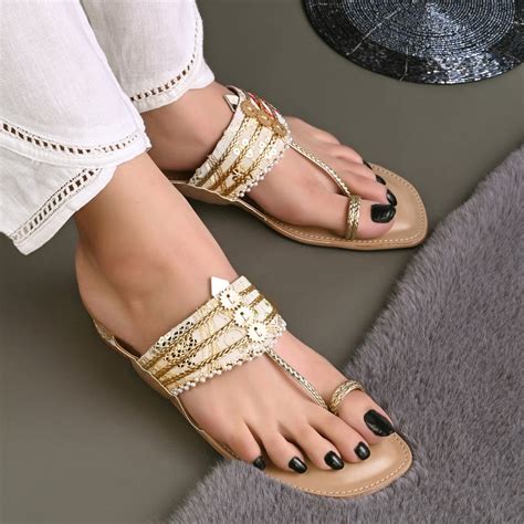 Women Gold Embellished Ethnic Flats (W-SN-01-BEIGE) – VALENTINO