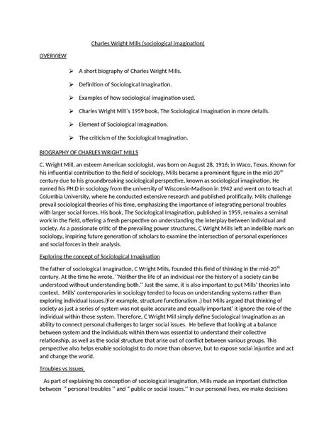 Charles Wright Mills (1) - ⮚ Definition of Sociological Imagination. ⮚ Examples of how ...