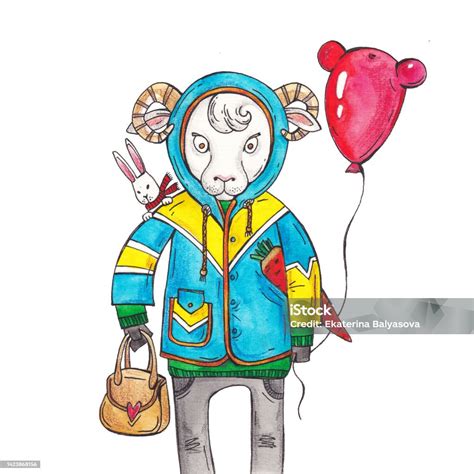 A Lamb In A Jacket Holds A Balloon Watercolor Illustration With A Sheep ...