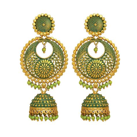 Mahi Green Meenakari Work Enamelled Artificial Pearl Dangle Jhumka Ear ...