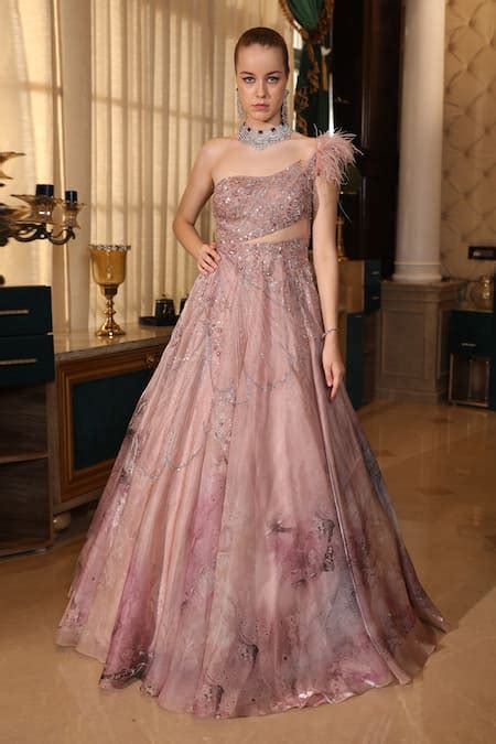 Buy Pink Silk Organza Sequins, Beads, Feathers Asymmetric One Shoulder ...