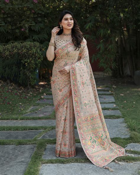 Designer Hathi Gotti Golden Zari Weaving Pashmina Silk Saree Having Ri ...