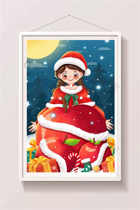 平安夜圣诞节圣诞女孩苹果礼物插画图片-包图网