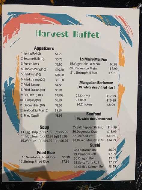 Menu at Harvest Buffet restaurant, Tacoma