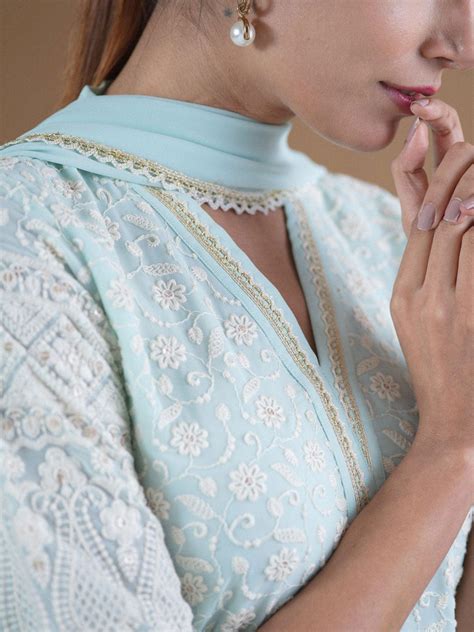 Buy Blue Embroidered Georgette Straight Kurta With Palazzos & Dupatta ...